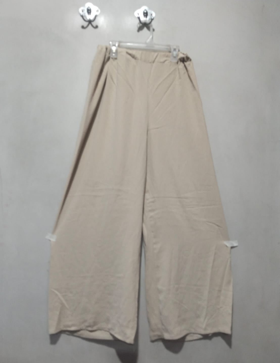 Beige Linen-Blend Co-ord Set: Ruffled Shirt and Wide-Leg Pants