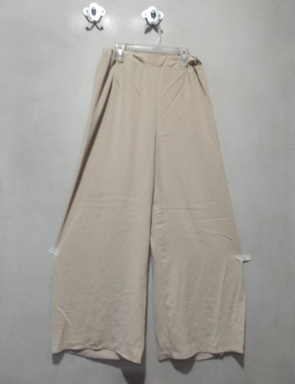 Beige Linen-Blend Co-ord Set: Ruffled Shirt and Wide-Leg Pants