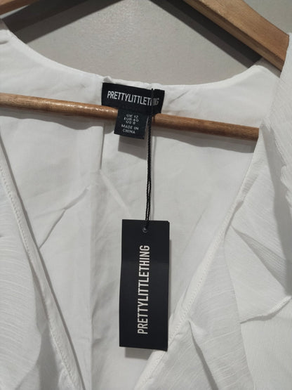 PrettyLittleThing White Cheesecloth Ruffle Tie Front Long Sleeve Top