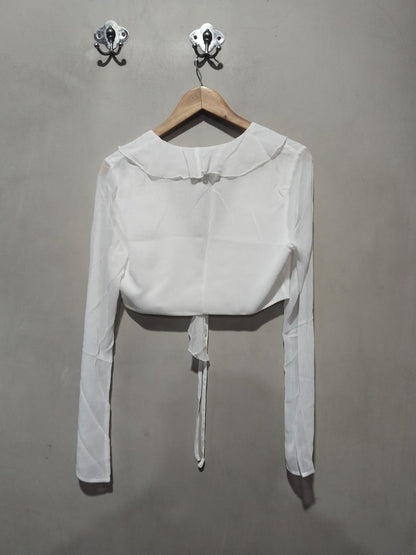 PrettyLittleThing White Cheesecloth Ruffle Tie Front Long Sleeve Top