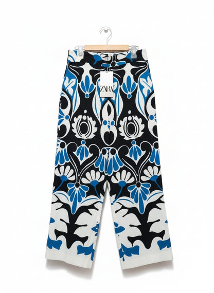 ZARA Women's Blue & White High-Waisted Culottes