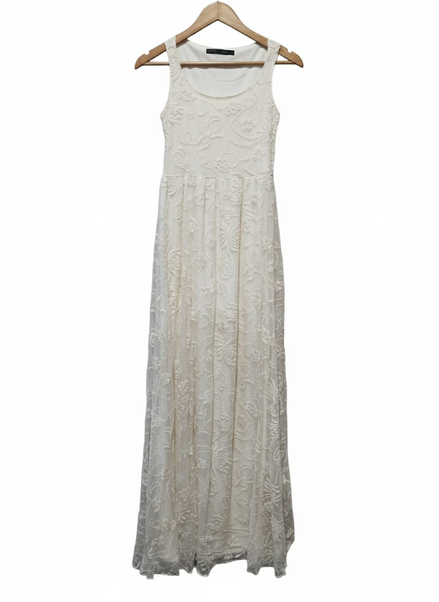 ZARA Basic White Long Flower Embroidered Dress
