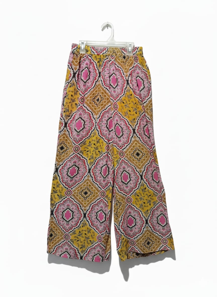 Rustty Dustty Pink & Yellow Paisley Print Wide-Leg Pants