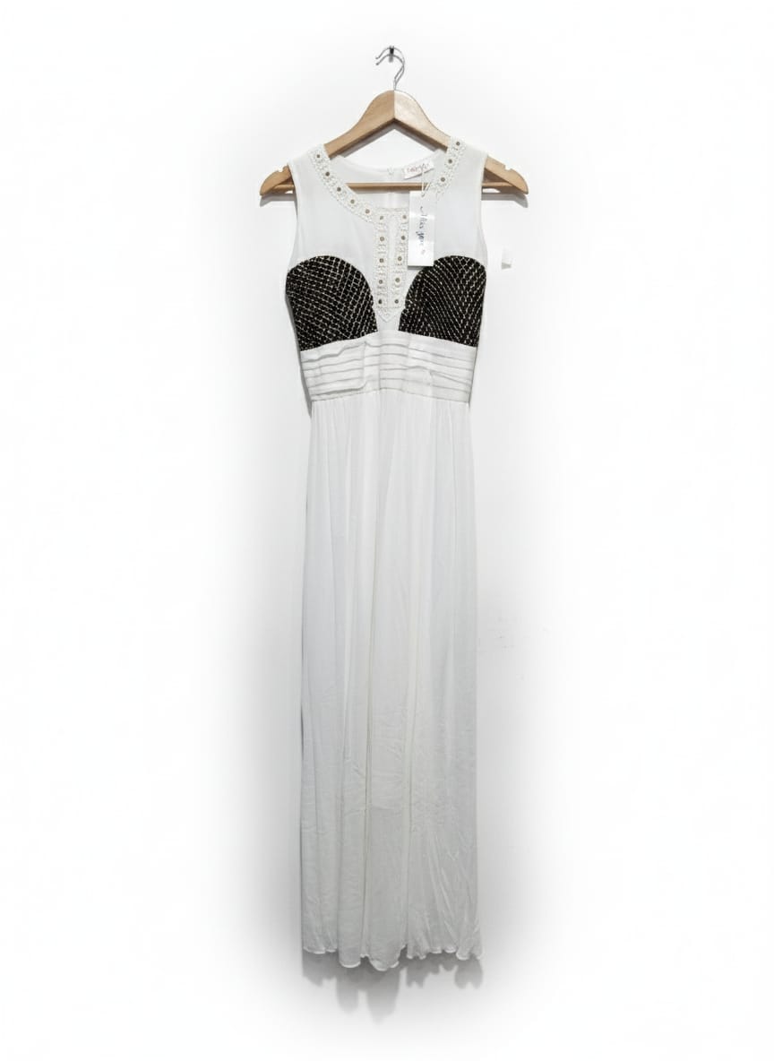 "Miss You"  White Sleeveless Crystal Bodice Maxi Dress