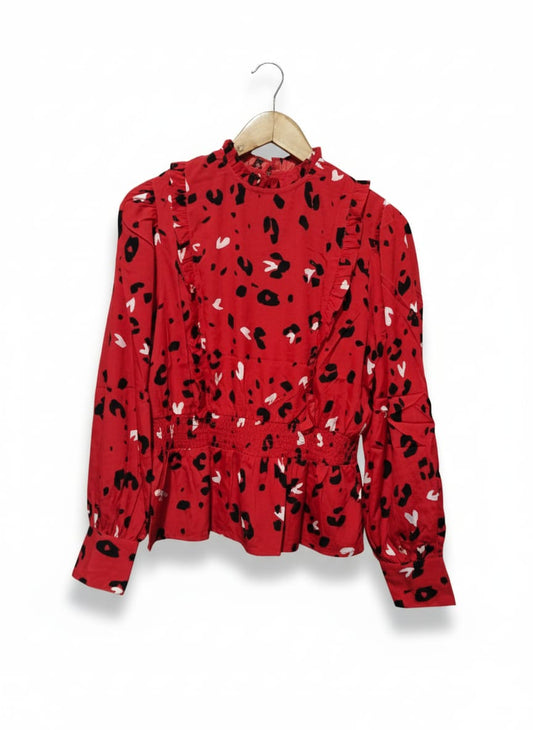 New Look Red Ruffle Trim Shirred Peplum Top