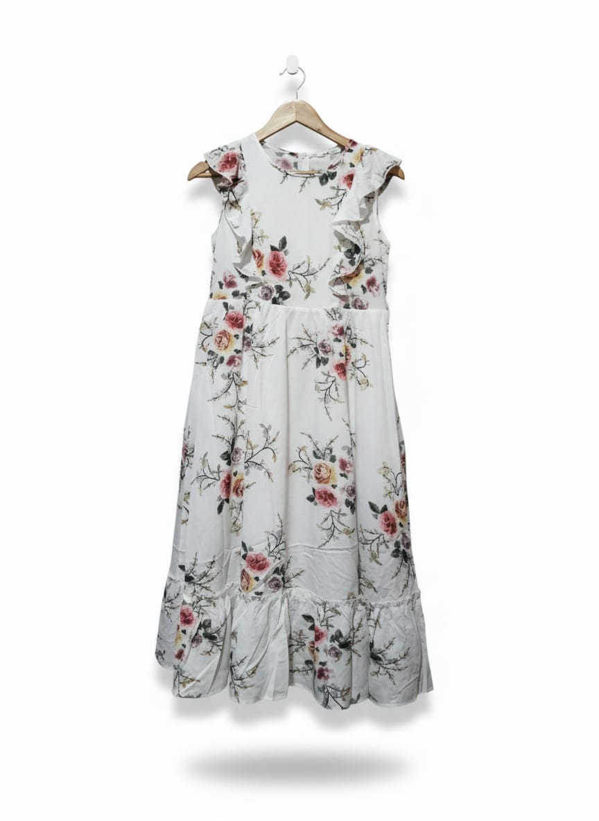 SHEIN LUNE White Floral Print Women's Dress With Ruffle Sleeves