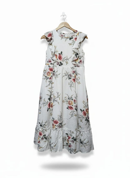 SHEIN LUNE White Floral Print Women's Dress With Ruffle Sleeves