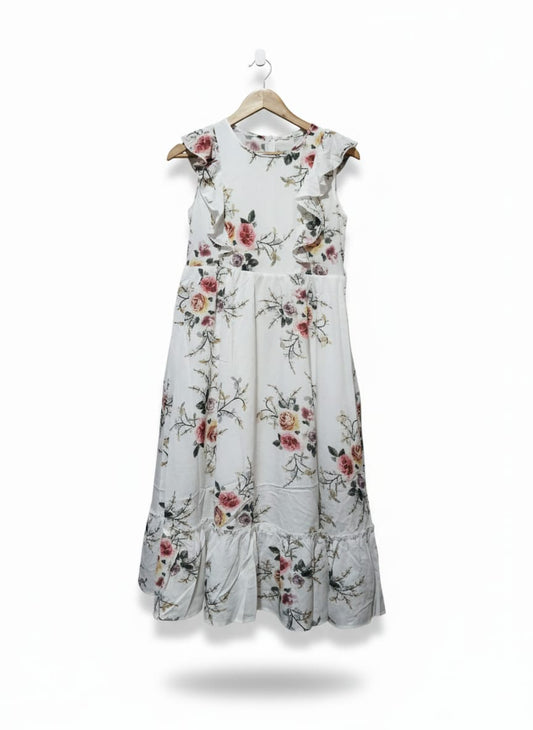 SHEIN LUNE White Floral Print Women's Dress With Ruffle Sleeves