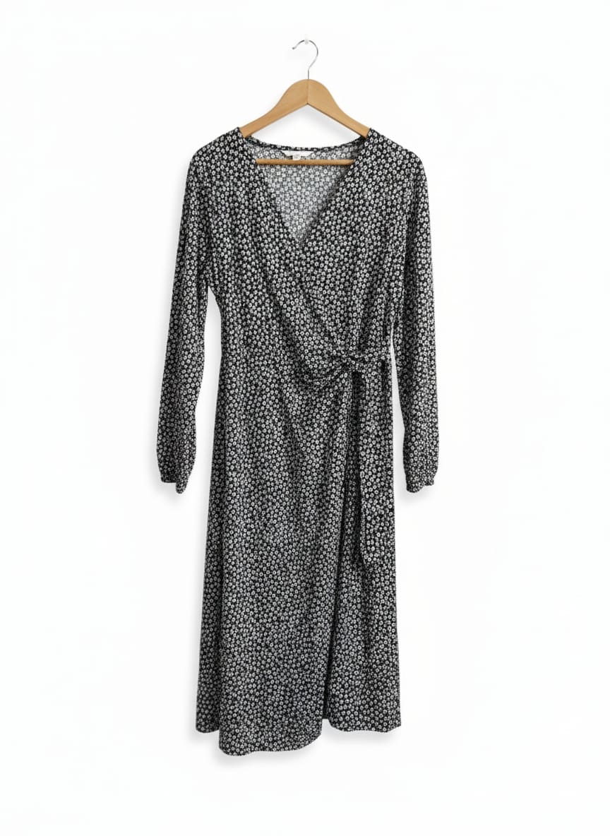 H&M Black Floral Print Wrap-Over Long Dress