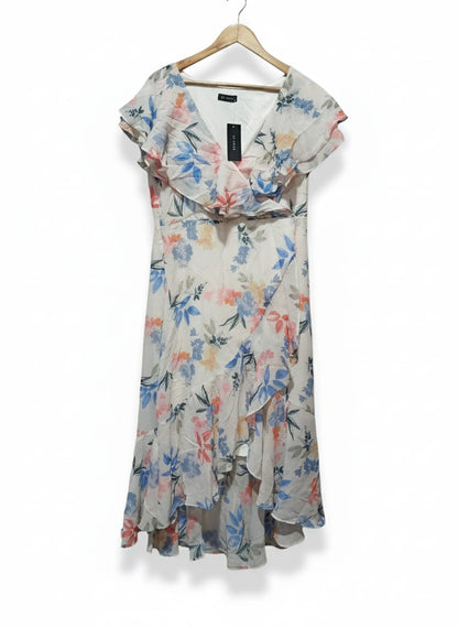 Et Vous White Multi Floral Print Ruffle Wrap Midi Dress