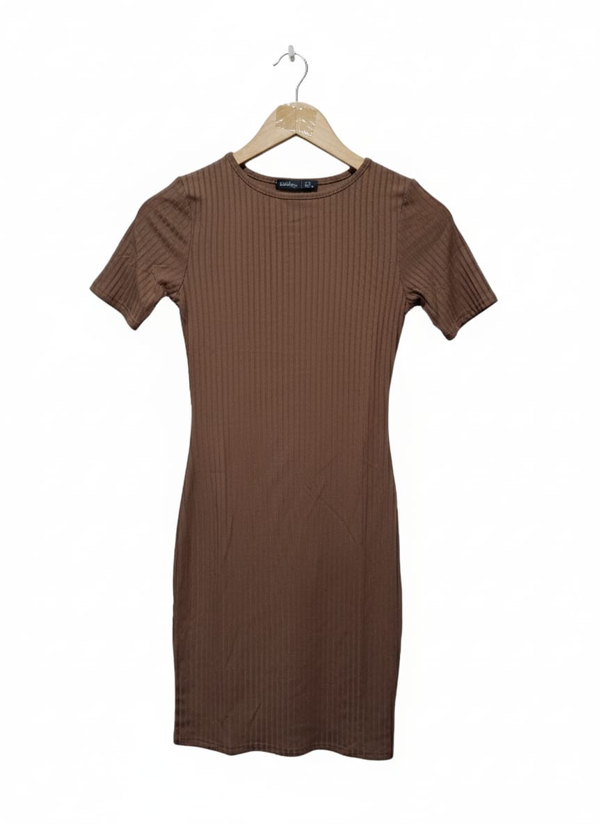 Boohoo Brown Ribbed Short Sleeve Bodycon Mini Dress