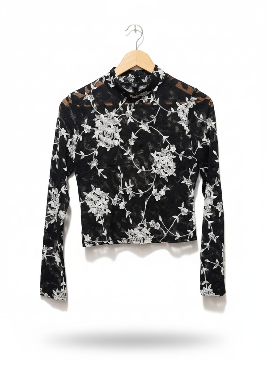 New Look Black & White Floral Sheer Mesh Crop Top