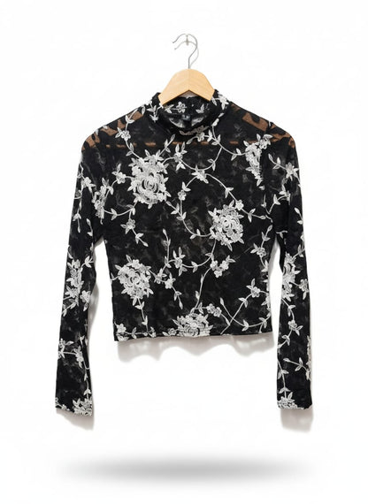 New Look Black & White Floral Sheer Mesh Crop Top
