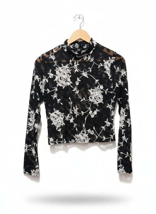 New Look Black & White Floral Sheer Mesh Crop Top