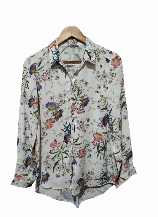 George White Floral Print Long Sleeve Button-Up Blouse