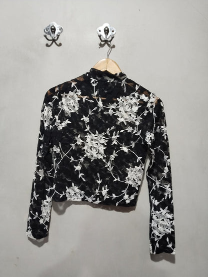 New Look Black & White Floral Sheer Mesh Crop Top