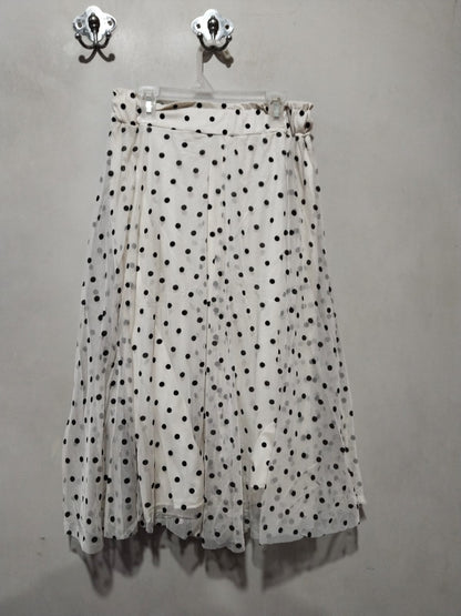 Polka Dot Pleated Flowy Midi Skirt with Elastic Waistband