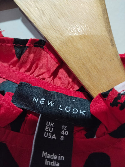 New Look Red Ruffle Trim Shirred Peplum Top