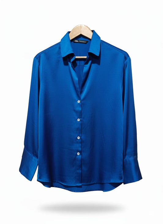ZARA Women's Royal Blue Flowing Satin Shirt