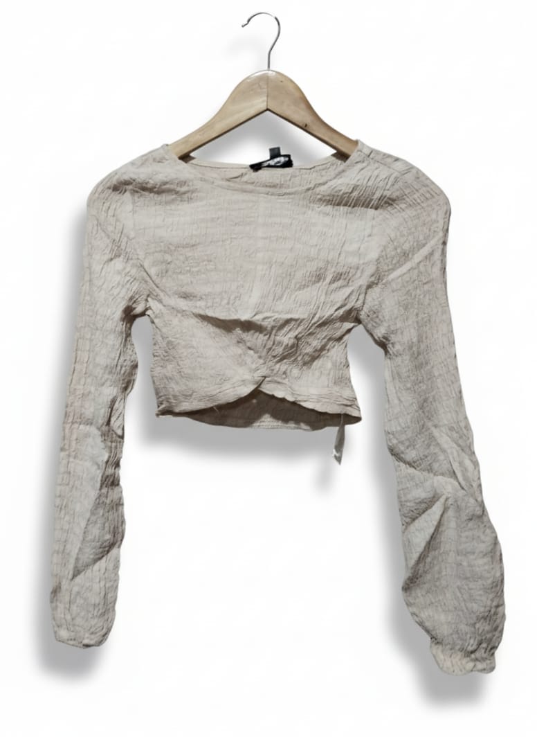 Missguided Beige Ruched Long Sleeve Crop Top