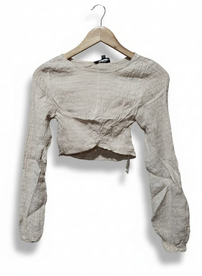Missguided Beige Ruched Long Sleeve Crop Top