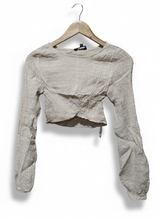 Missguided Beige Ruched Long Sleeve Crop Top