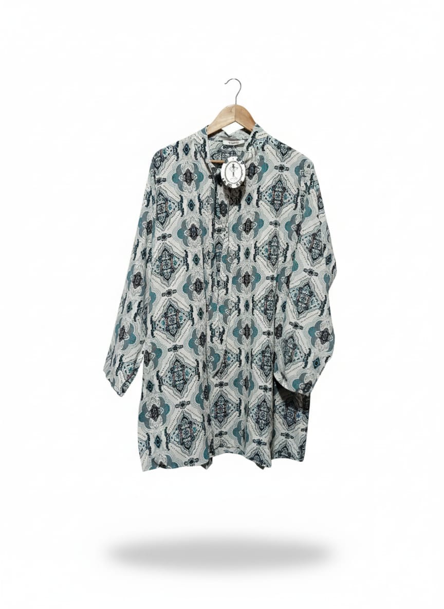 HuiXue Women's Grey & Teal Patterned Tunic Top