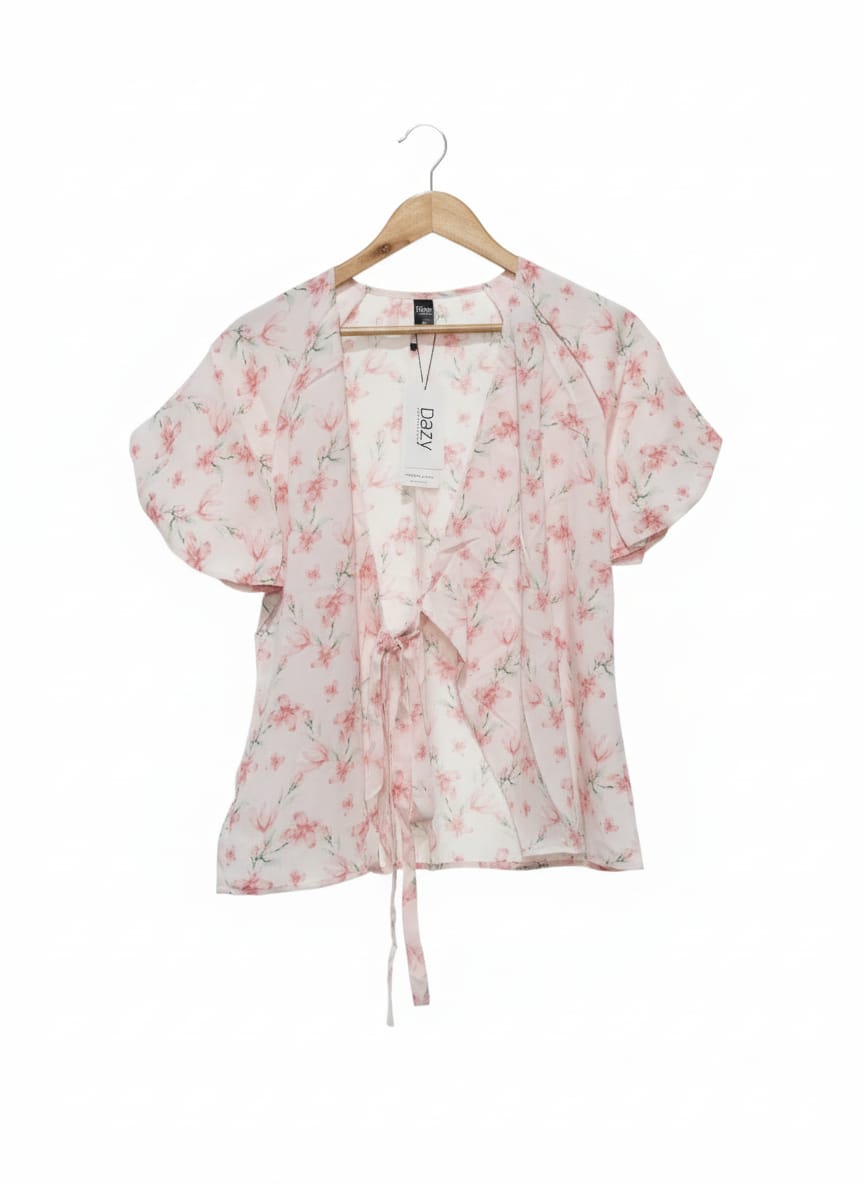 DAZY Allover Floral Print Puff Sleeve Tie Back Blouse