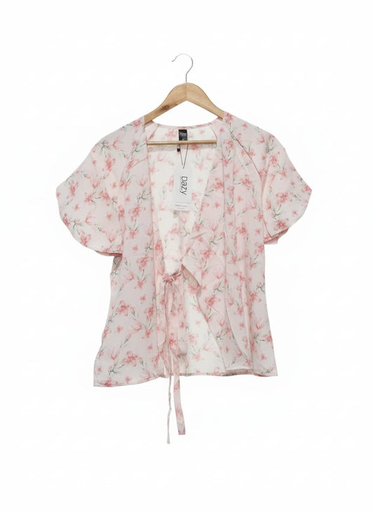 DAZY Allover Floral Print Puff Sleeve Tie Back Blouse