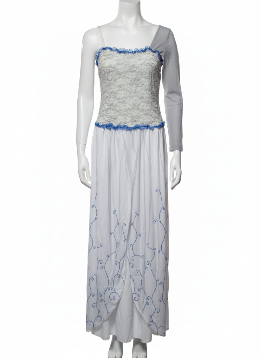 Asymmetric White & Gray Lace Maxi Dress with Blue Embroidery