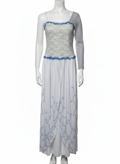 Asymmetric White & Gray Lace Maxi Dress with Blue Embroidery
