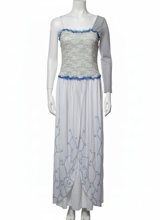Asymmetric White & Gray Lace Maxi Dress with Blue Embroidery