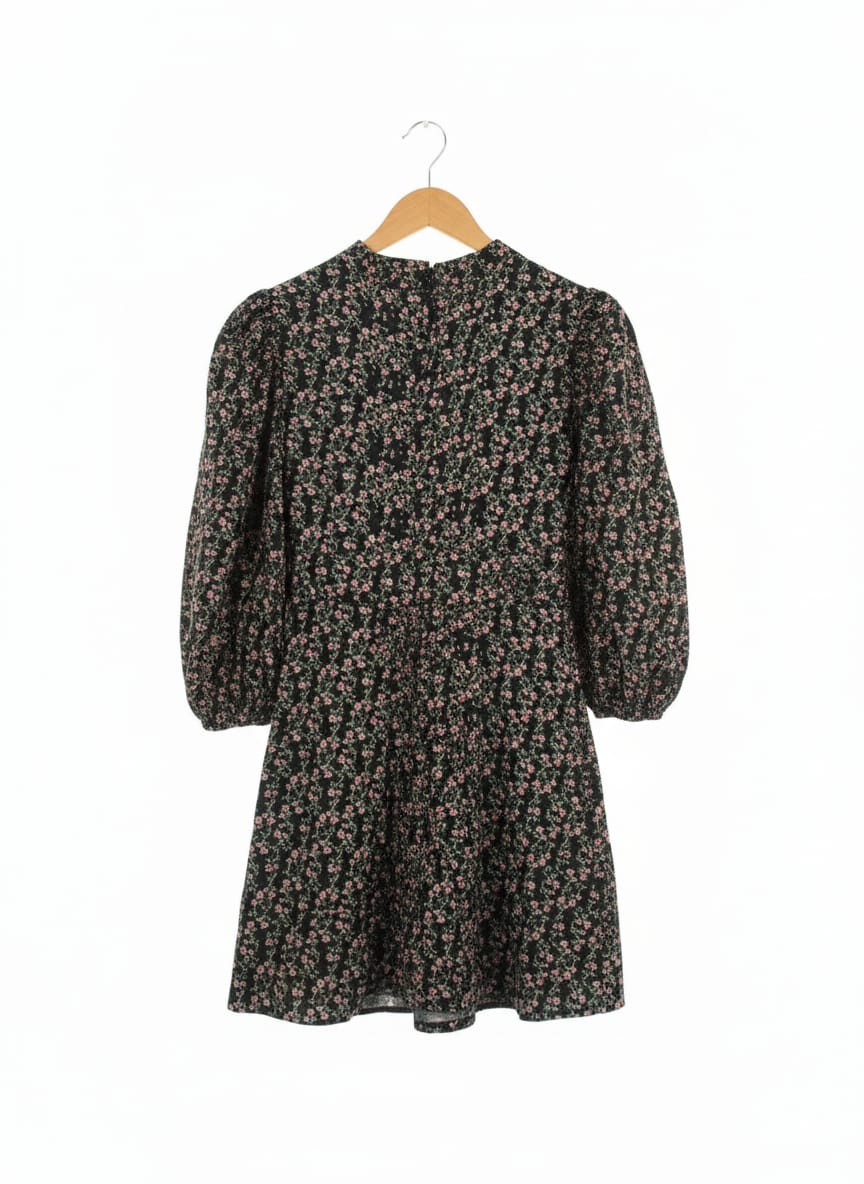 Topshop Black Ditsy Floral Print Puff Sleeve Mini Dress
