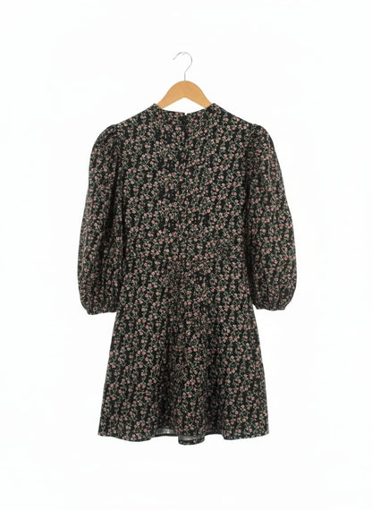 Topshop Black Ditsy Floral Print Puff Sleeve Mini Dress