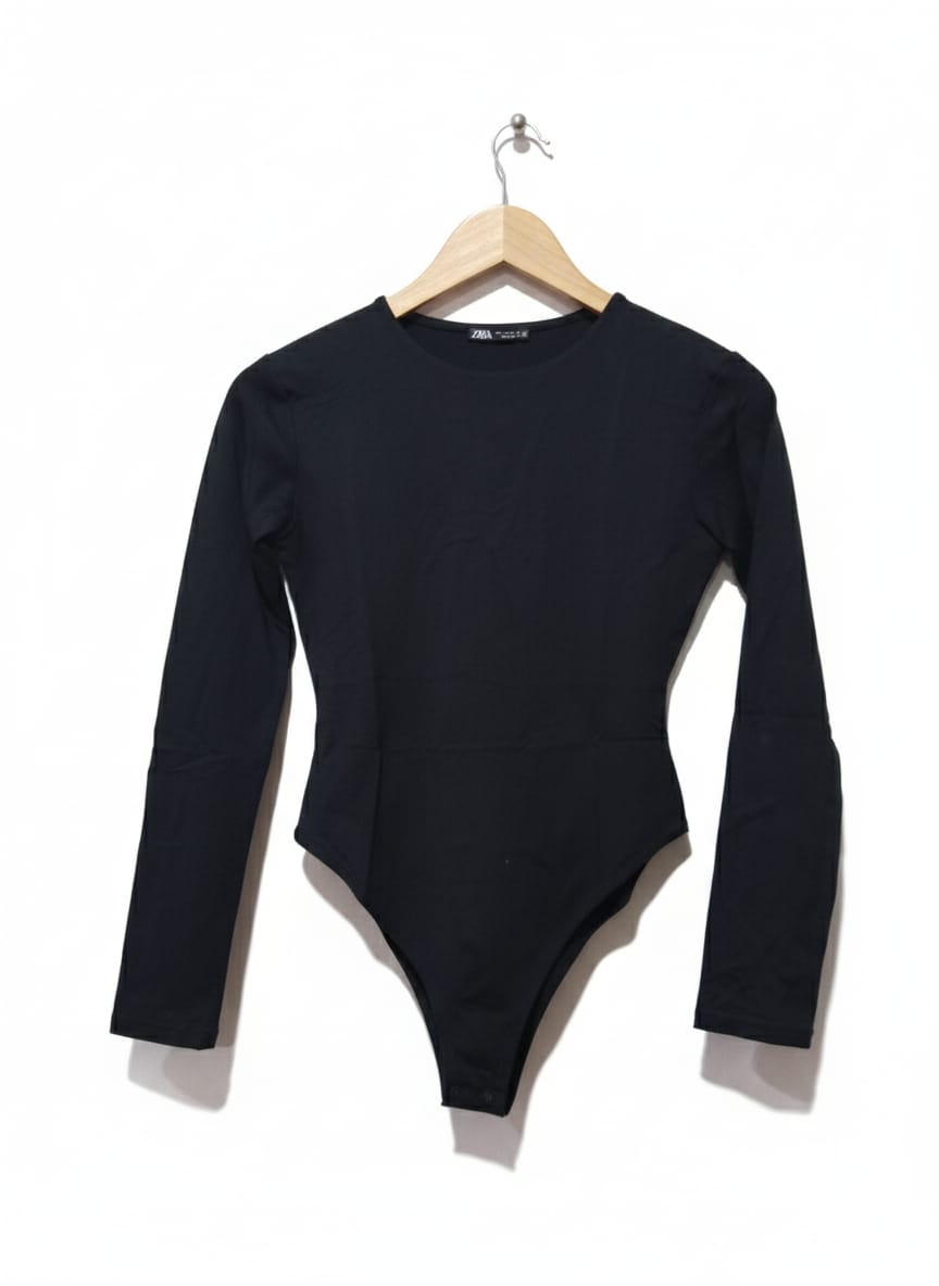 ZARA Basic Black Cotton Blend Long Sleeve Bodysuit