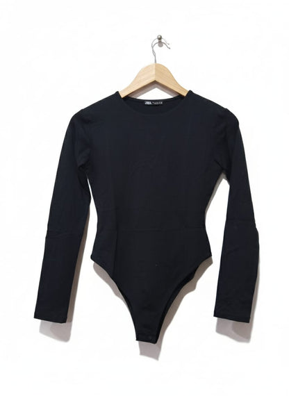 ZARA Basic Black Cotton Blend Long Sleeve Bodysuit