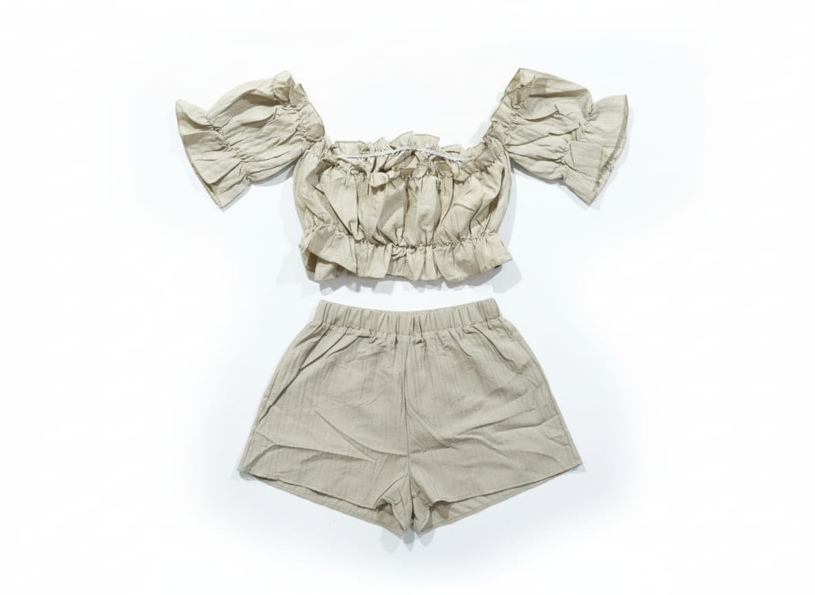 SHEIN Off-Shoulder Frill Trim Crop Top & Shorts Set