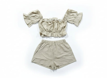 SHEIN Off-Shoulder Frill Trim Crop Top & Shorts Set