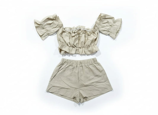 SHEIN Off-Shoulder Frill Trim Crop Top & Shorts Set