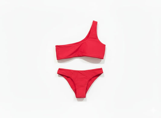 Red Asymmetric Crop Top Bikini Swimsuit