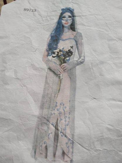 Asymmetric White & Gray Lace Maxi Dress with Blue Embroidery