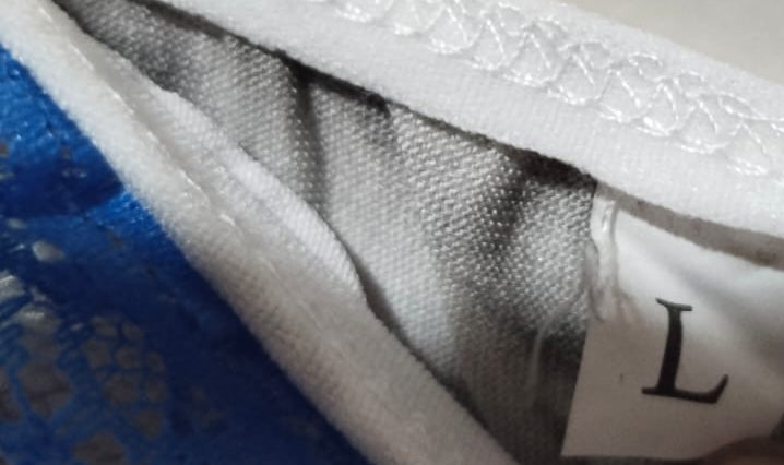 Asymmetric White & Gray Lace Maxi Dress with Blue Embroidery