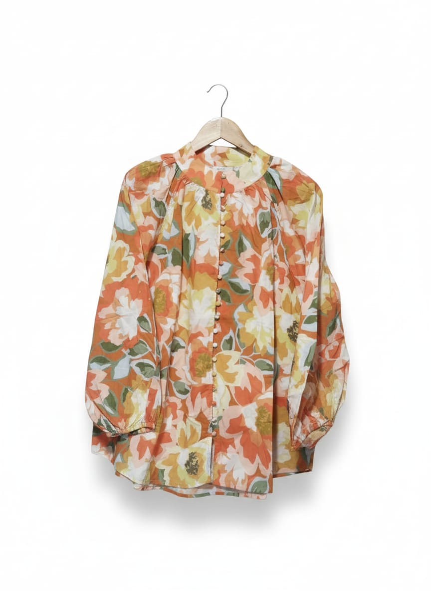 SUSSAN | L | Bust 24 |Orange Multi Floral Long Sleeve Blouse/Shirt
