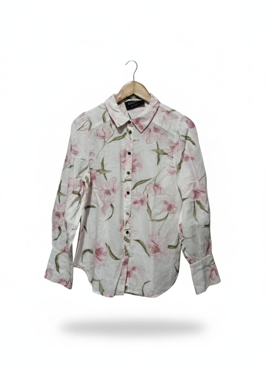 DECJUBA|M|Bust 19|B12| Long Sleeve Collared Blouse in White/Pink Floral