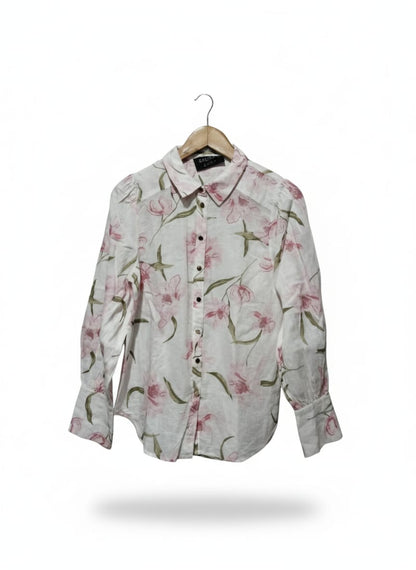 DECJUBA|M|Bust 19|B12| Long Sleeve Collared Blouse in White/Pink Floral