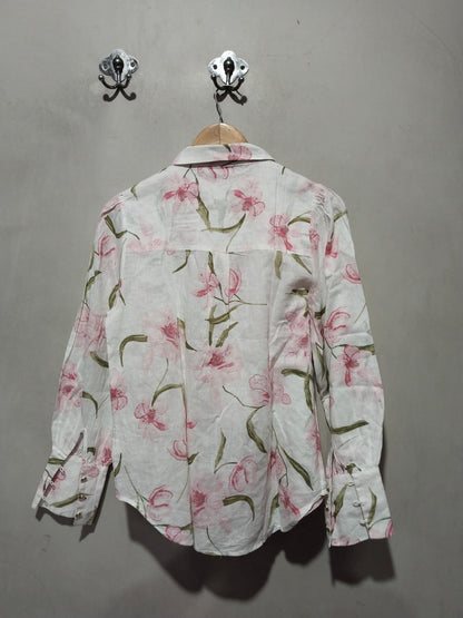 DECJUBA|M|Bust 19|B12| Long Sleeve Collared Blouse in White/Pink Floral