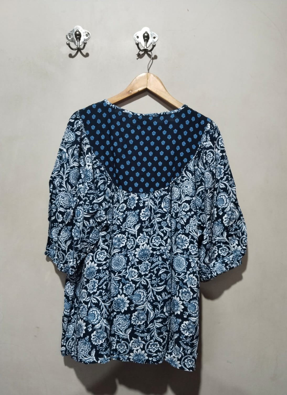 KATIES|XL|Bust 23|Blue Elbow Sleeve Double Print Peasant Top Blouse