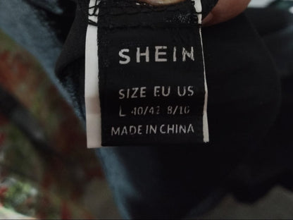 SHEIN|L|Bust 19| Black Floral Chiffon Midi Dress with a Tie Neck and Ruffle Cuffs