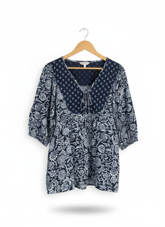 KATIES|XL|Bust 23|Blue Elbow Sleeve Double Print Peasant Top Blouse
