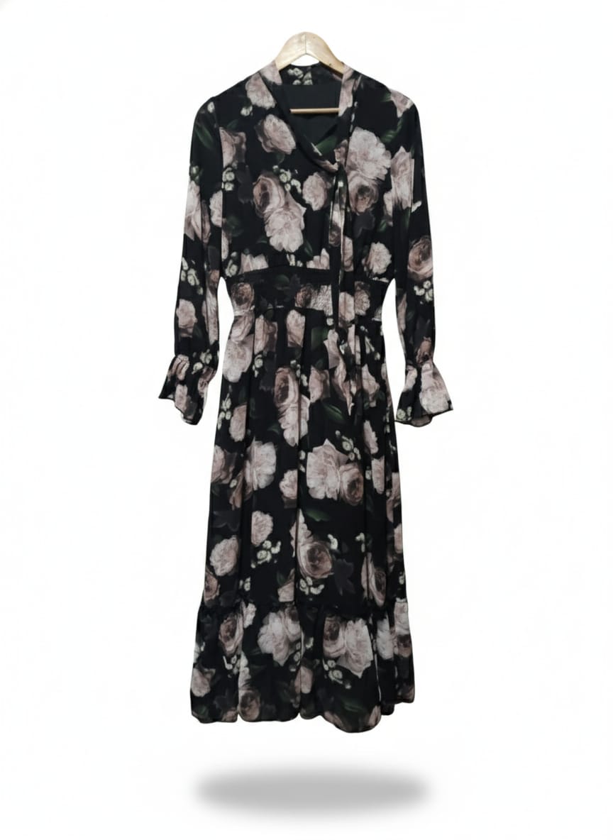 SHEIN|L|Bust 19| Black Floral Chiffon Midi Dress with a Tie Neck and Ruffle Cuffs